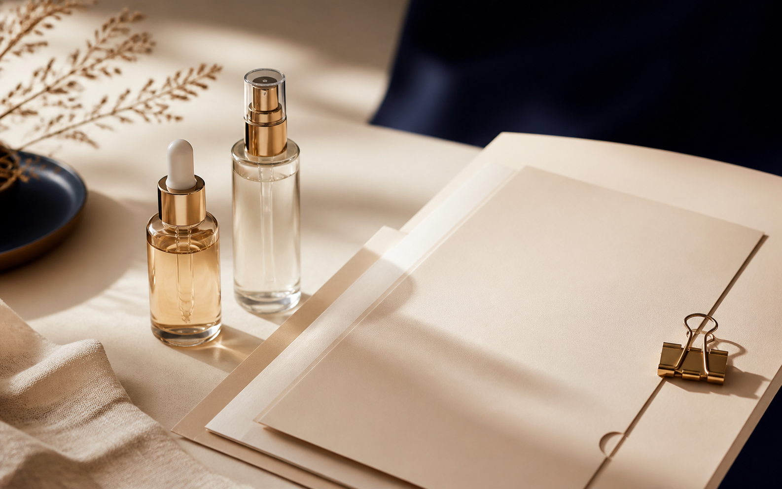 Productos cosméticos sin marca junto a una carpeta de documentación de seguridad